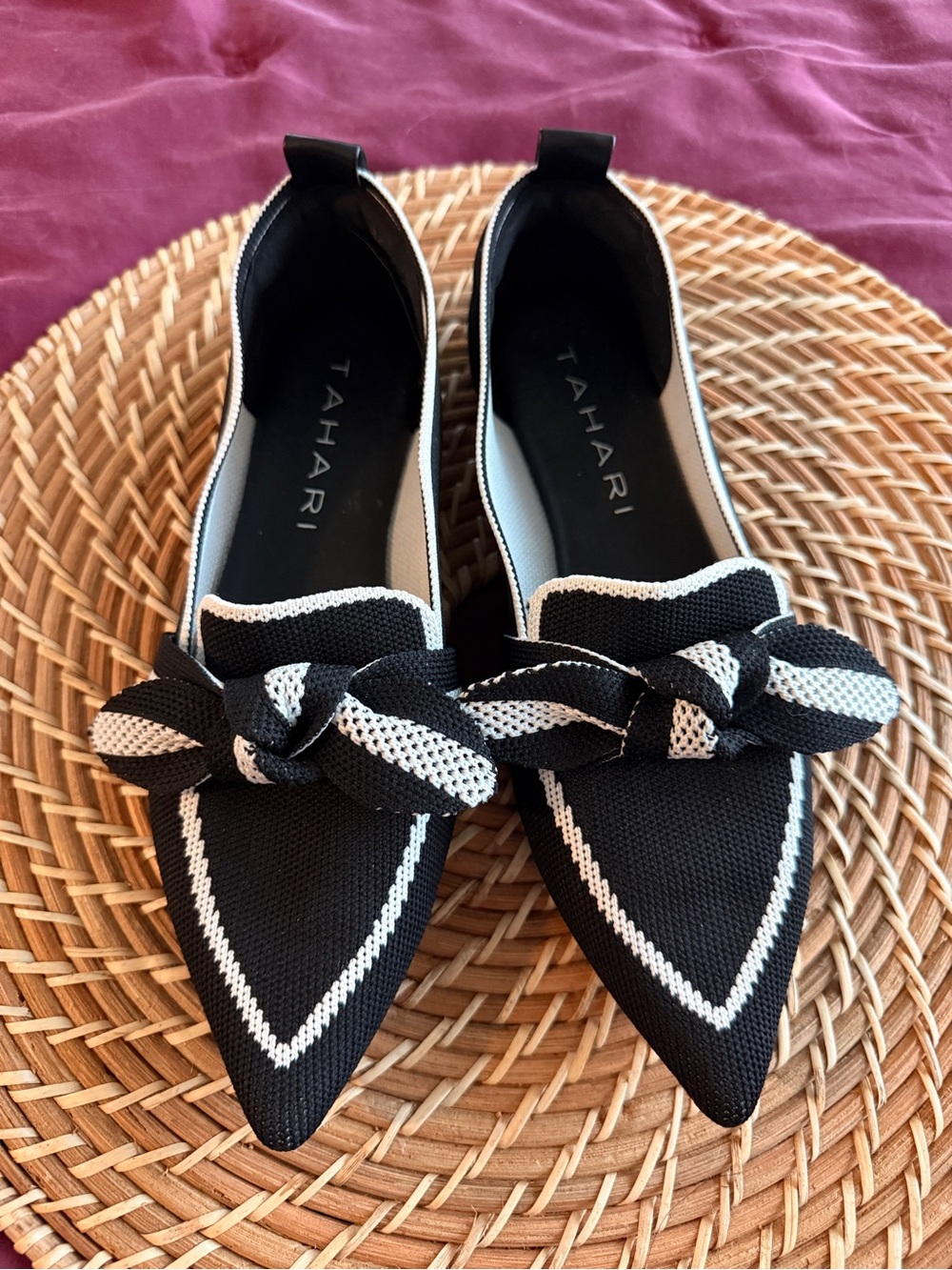 Tahari Black & White Pointed-Knit Bow Flats